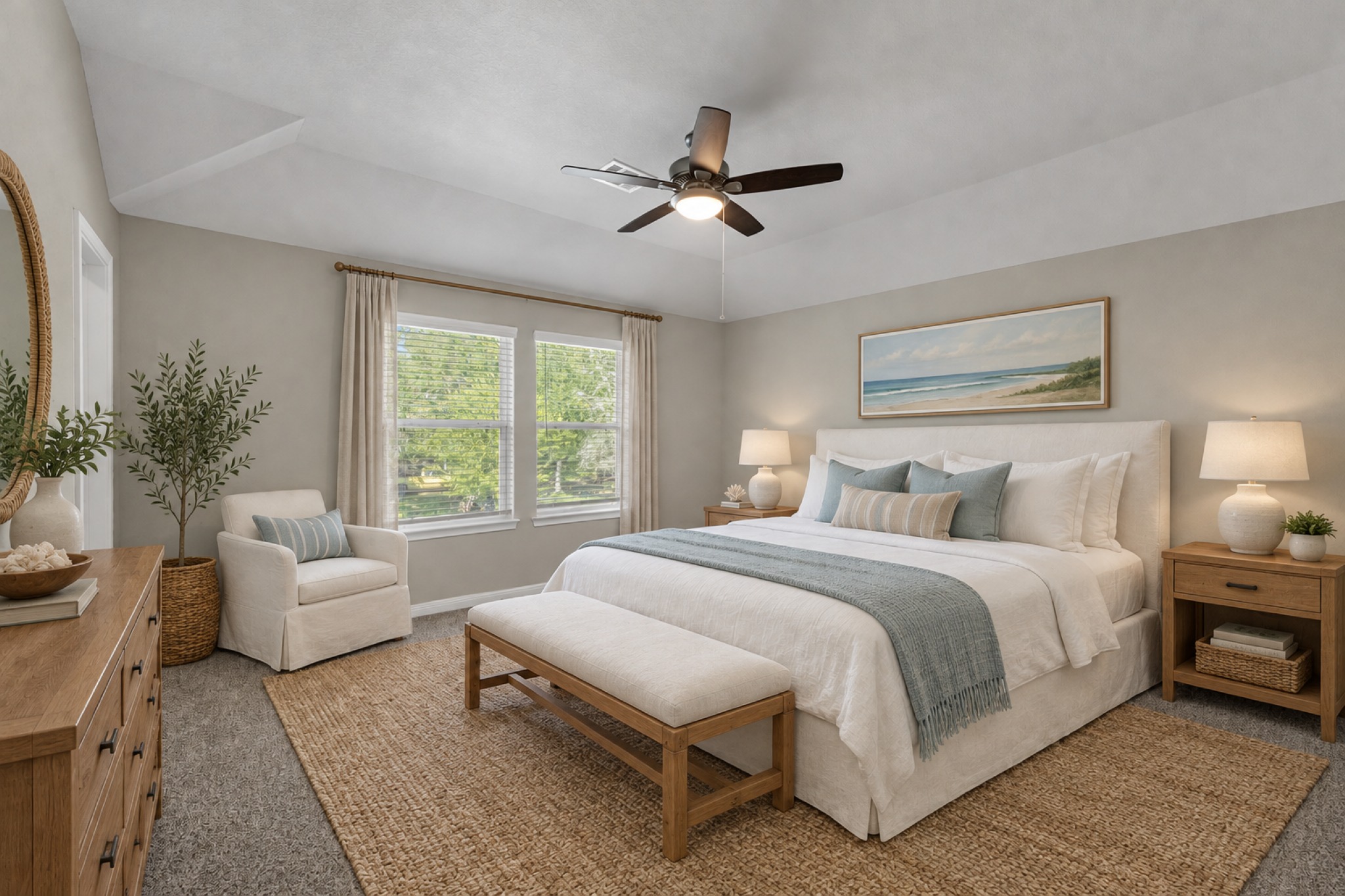 Virtually staged primary bedroom with a white bed, bench and coastal art
