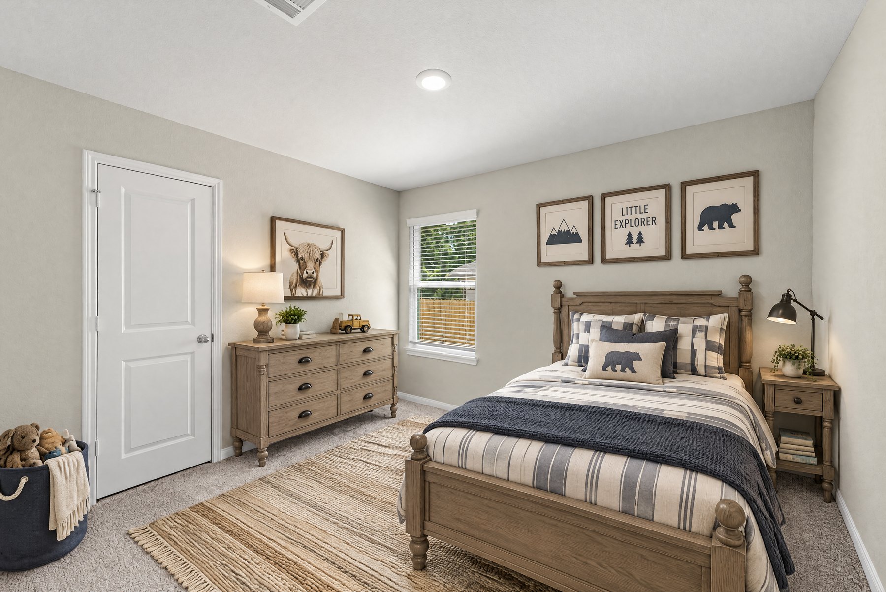 Virtually staged kids’ bedroom with a wood bed and wall art